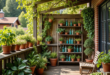Rustic balcony bookshelf with potted plants for outdoor reading nooks and garden storage