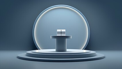 A white pedestal in a 3D render, dramatically highlighted by a spotlight, creating a striking visual effect