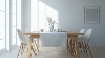 Compact Scandinavian dining area with a light wooden table, simple white chairs, and a soft linen tablecloth