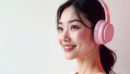 Naklejka premium Young Woman with Headset Listening to Music – Modern Audio Experience
