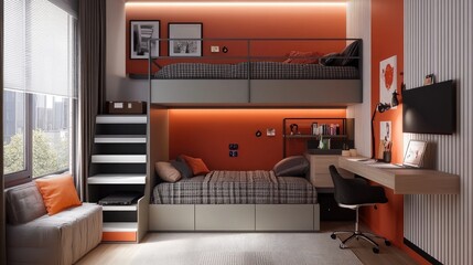 Compact student bedroom with a lofted bed, under-bed storage, and a fold-out desk to maximize floor space and functionality