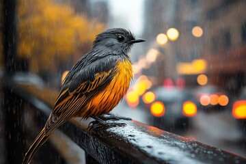 Urban Wildlife: Vibrant Sparrow Perched in Rainy Cityscape with Colorful Raindrops
