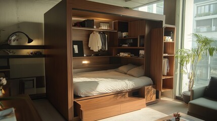 Fototapeta premium Compact studio apartment with multifunctional furniture and smart use of space