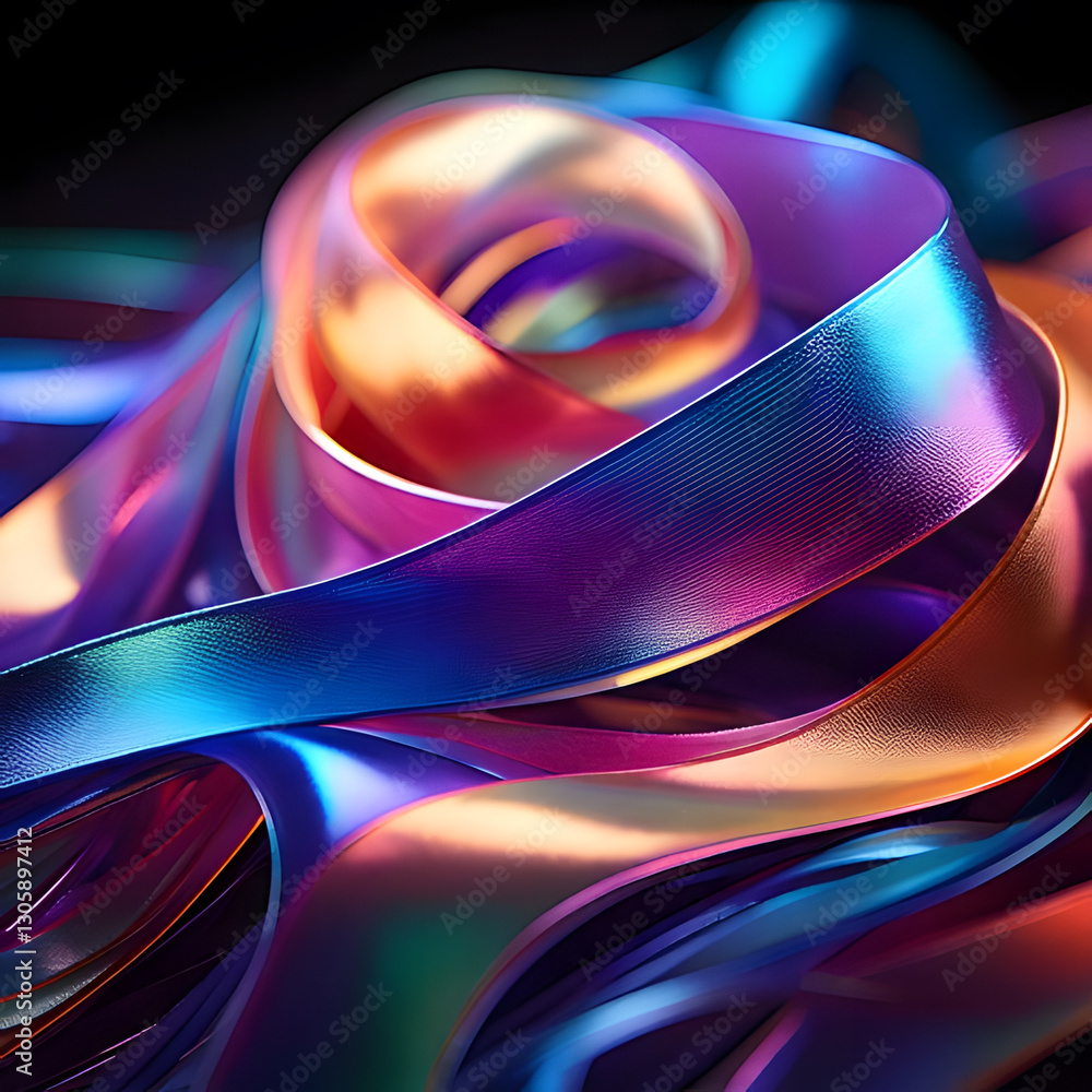Poster ribbons of vibrant colors intertwine and gleam against a dark backdrop, creating a mesmerizing play 