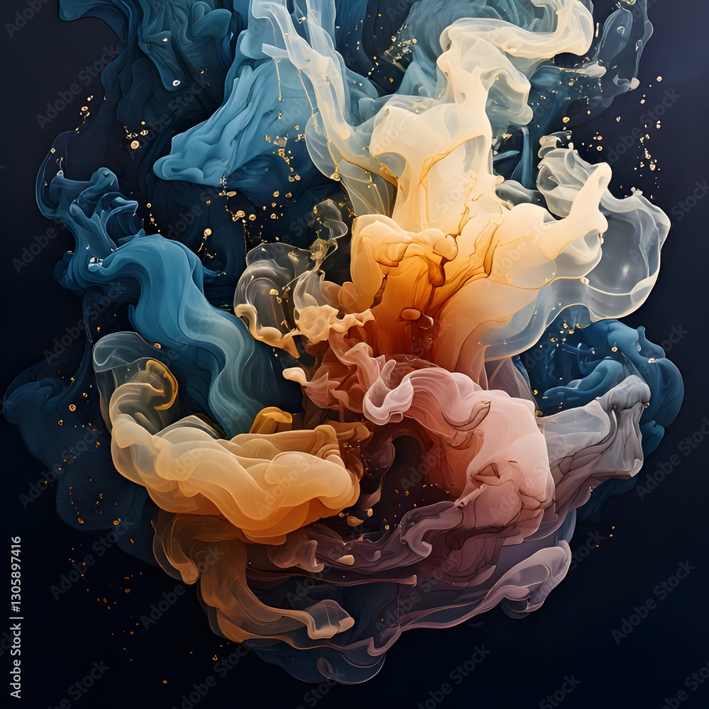 Poster a mesmerizing dance of colored inks swirls in a dark expanse, creating ethereal forms with golden ac