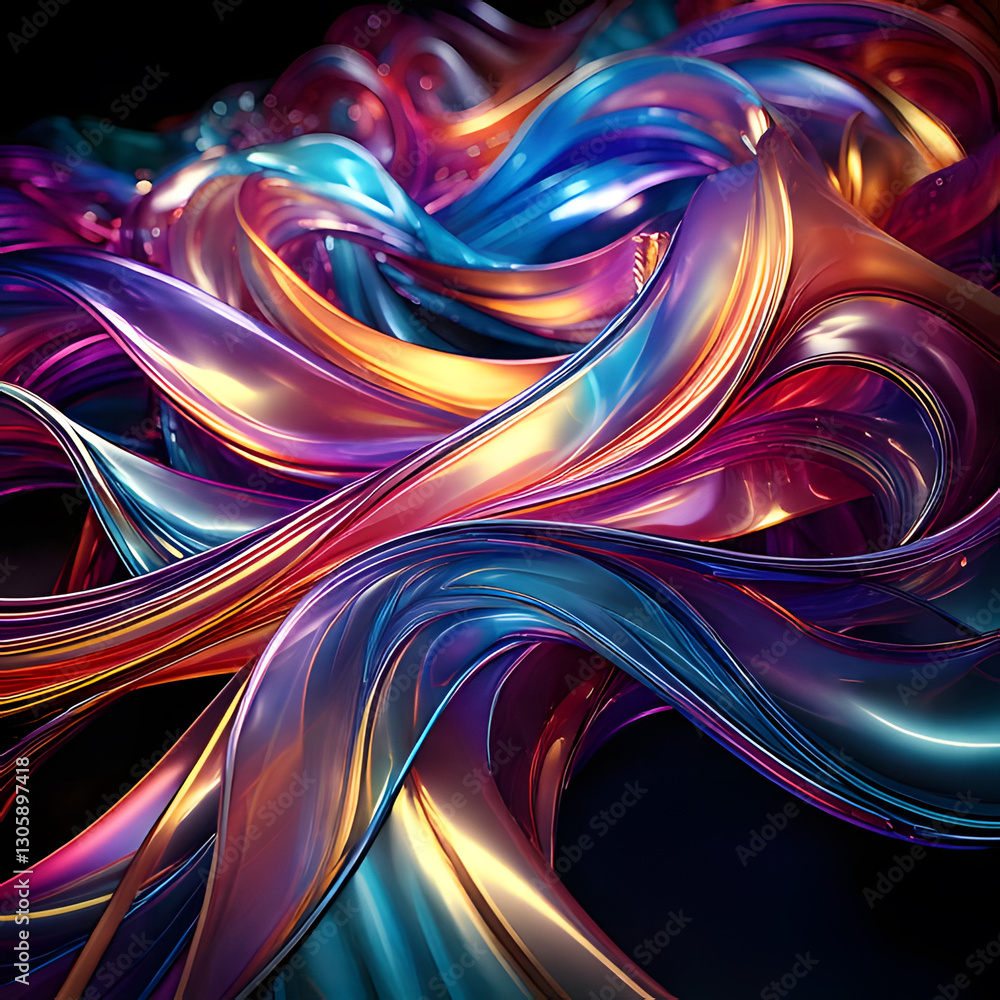 Poster ribbons of vibrant colors intertwine and gleam against a dark backdrop, creating a mesmerizing play 