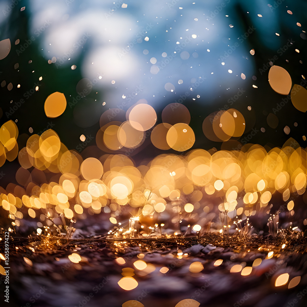 Poster a magical scene with golden bokeh lights floating above a glittering surface, creating a dreamy and 