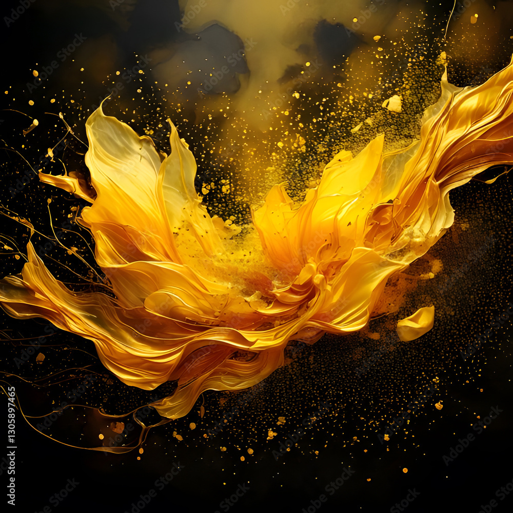 Fototapete a dynamic splash of molten gold against a dark backdrop, creating an abstract form with scattered pa