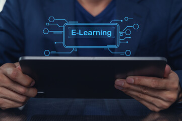 Hands Holding Tablet with E Learning Concept in Digital Format