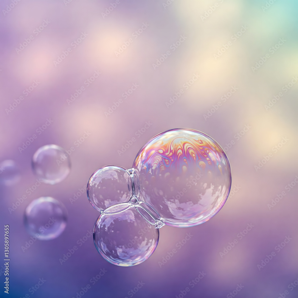 Poster a soft, pastel-toned background with several transparent soap bubbles floating in the air, showcasin