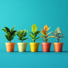 Fototapeta premium Colorful Houseplants in Pots on Blue Background