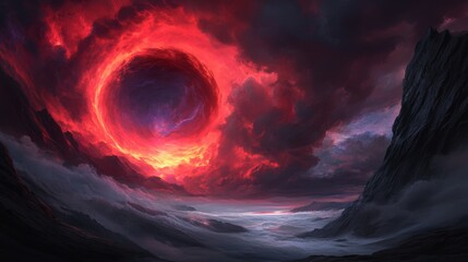 Fototapeta premium Fiery orb dominates a dramatic, dark landscape. Intense red and purple hues paint the sky, creating a powerful, otherworldly scene.