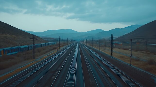 Distant Mountain Railway Tracks Extending Towards Horizon