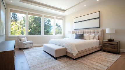 Contemporary bedroom with a minimalist layout, oversized headboard, and soft, textured rugs for an elegant touch
