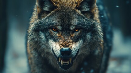 Fototapeta premium Intense Close-Up of Aggressive Wolf Staring in Snowy Forest Environment