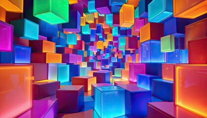 Obraz premium Vibrant neon block installation modern gallery digital art indoor eye-level abstract experience