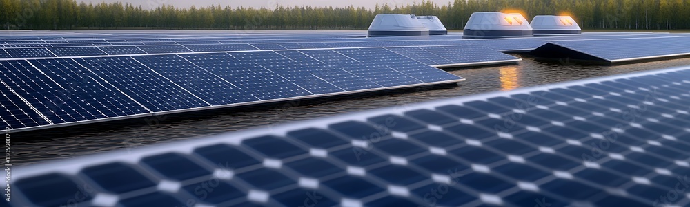 Poster floating solar energy island concept, showcasing futuristic off-grid technology in a unique design.