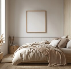 Beige bedroom interior with a large blank canvas, warm tones, and natural elements.