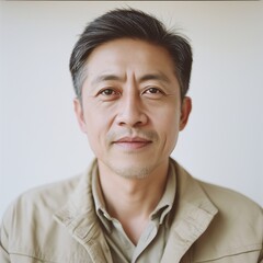 Fototapeta premium Confident Asian Man Smiling in Studio Portrait: Emooting Style and Tranquility