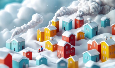 Children sledding in colorful snowy village with smoking chimneys
