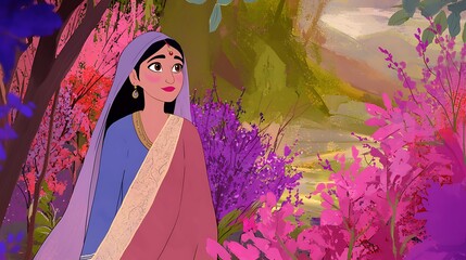 Woman in Saree Amidst Blooming Flowers.