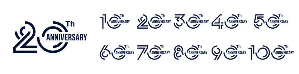collection anniversary 10 to 100 year logo designs. abstract number for celebration event, wedding, greeting card, and invitation, vector illustration