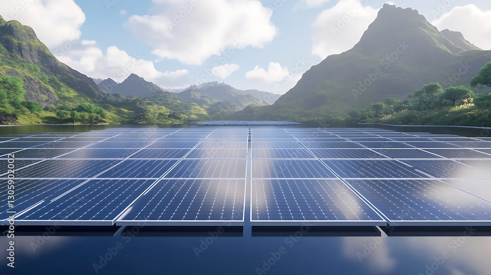 Poster floating solar panels on an artificial island depicted in a vibrant image.