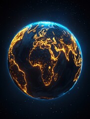 A glowing, illuminated Earth against a dark space background, showcasing continents highlighted with vibrant light patterns.