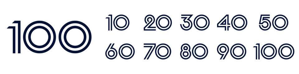 collection anniversary 10 to 100 year logo designs. abstract number for celebration event, wedding, greeting card, and invitation, vector illustration