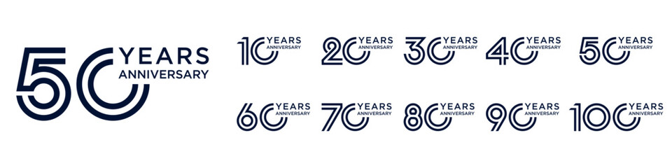 collection anniversary 10 to 100 year logo designs. abstract number for celebration event, wedding, greeting card, and invitation, vector illustration