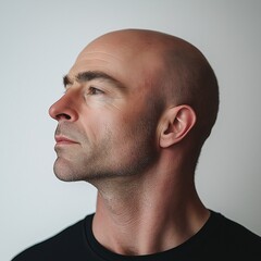 Obraz premium Bald Man Profile Portrait: Serious Expression in Minimalist Style with Strong Jawline - Artistic Photography