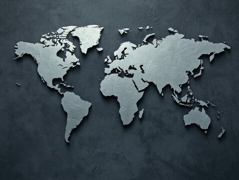 A sleek, metallic world map displayed on a dark textured background, emphasizing global geography and modern design aesthetics.