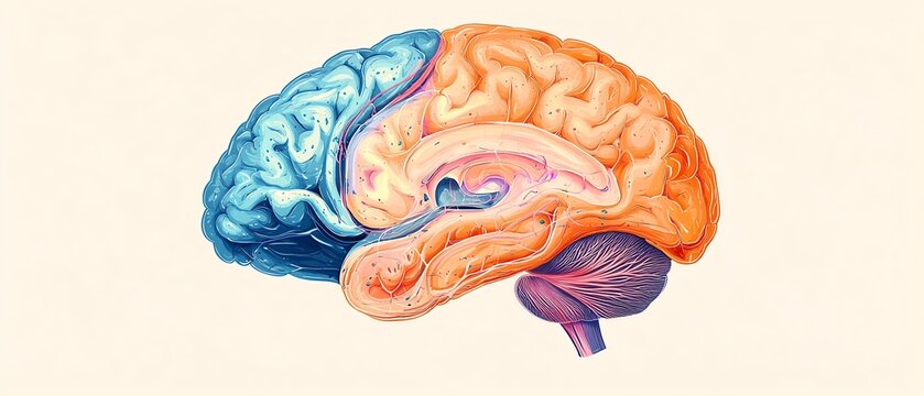 Anatomical illustration of the human brain with hindbrain, midbrain, and forebrain in simple orange, blue, and pink colors, perfect for visual learning