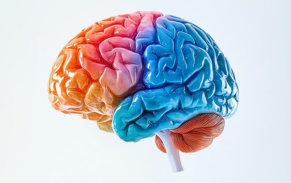 Highdefinition human brain diagram in three colors orange, blue, and pink clearly differentiating the hindbrain, midbrain, and forebrain for easy anatomical recognition