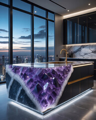 Elegant kitchen with purple amethyst sink contemporary cabinetry tile design and breathtaking city view from a high rise apartment overlooking the skyline Interior Design Idea Inspiration