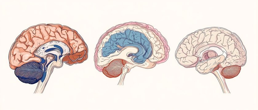 Minimalistic yet detailed human brain diagram, highlighting hindbrain, midbrain, and forebrain in bold orange, blue, and pink colors for educational purposes