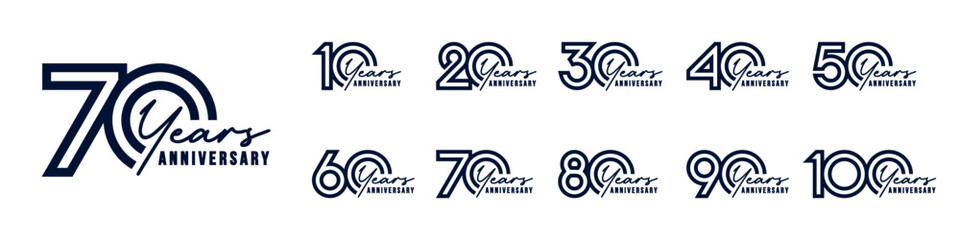 collection anniversary 10 to 100 year logo designs. abstract number for celebration event, wedding, greeting card, and invitation, vector illustration