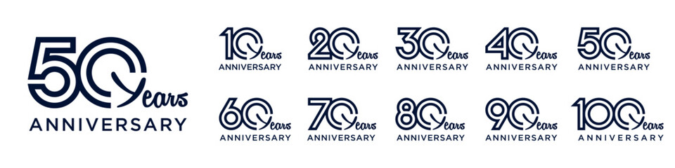 collection anniversary 10 to 100 year logo designs. abstract number for celebration event, wedding, greeting card, and invitation, vector illustration