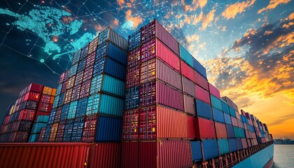 Fototapeta premium Colorful shipping containers stacked on a container ship crossing a global digital map, symbolizing international trade and the movement of goods worldwide