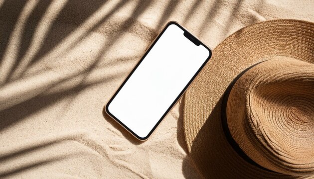 aesthetic tropical summer business branding template mobile phone empty screen mockup straw hat on sand beach texture background with natural palm tree foliage sunlight shadow