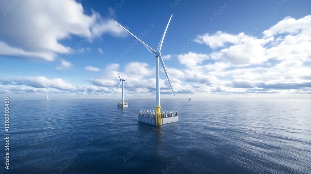 Poster futuristic floating wind farm concept in the open sea, showcasing innovative renewable energy soluti