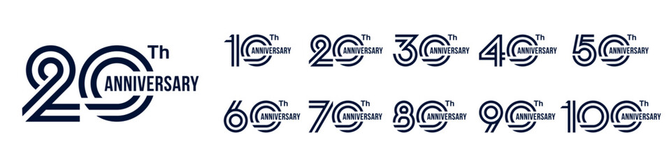 collection anniversary 10 to 100 year logo designs. abstract number for celebration event, wedding, greeting card, and invitation, vector illustration