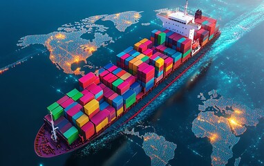 Fototapeta premium Vibrant container ship crossing a digital map of the world, loaded with colorful shipping containers, representing international shipping, global trade, and logistics