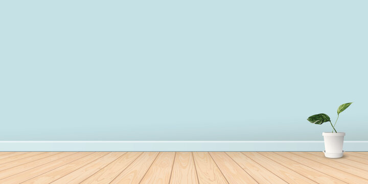 Empty room with light blue wall and whitewashed wooden floor graphic illustration.