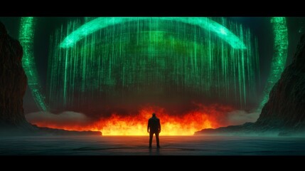 Fototapeta premium Silhouetted figure stands before a fiery landscape and a mesmerizing green digital rain.