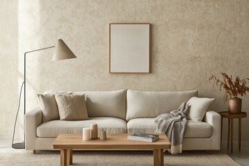 Beige living room with a cream colored sofa, a wooden coffee table, and a blank framed poster.