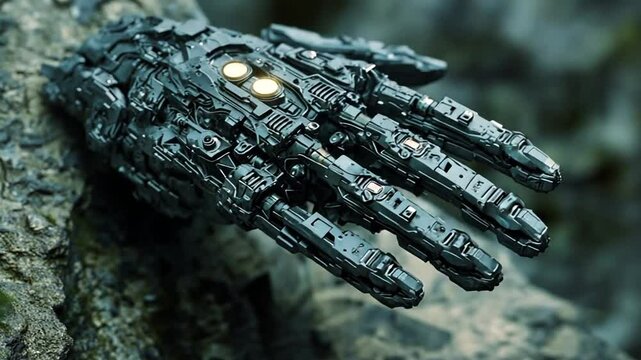 A highly detailed and textured robotic hand with glowing lights, resting on rocks.