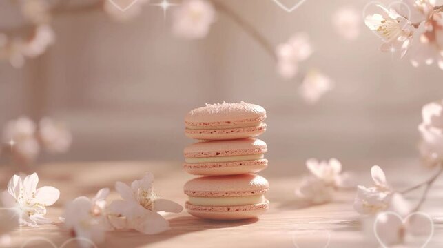 Strawberry macaroons on a blurred background