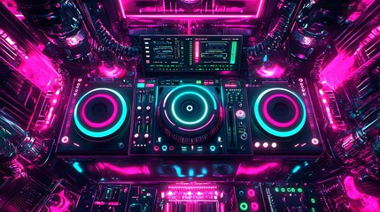 Fototapeta premium Neon DJ Mixer in Futuristic Setting.