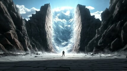 A lone figure stands between towering rock formations, gazing at a surreal, swirling sky. Dramatic lighting and a sense of mystery fill this digital artwork.